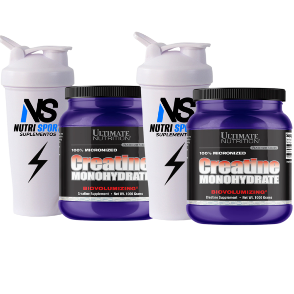 2 CREATINA ULTIMATE NUTRITION 1KG / 200 SERVICIOS + 2 SHAKER NUTRI SPORT 600ML